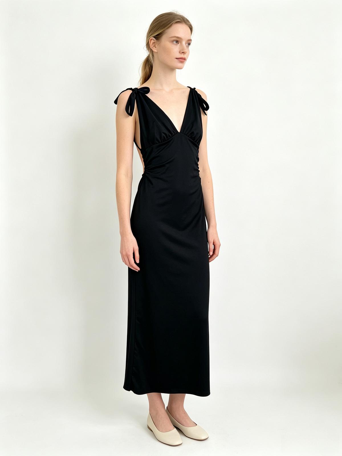 Black Self-Tie Strap Deep V Backless Ruched Maxi Dress