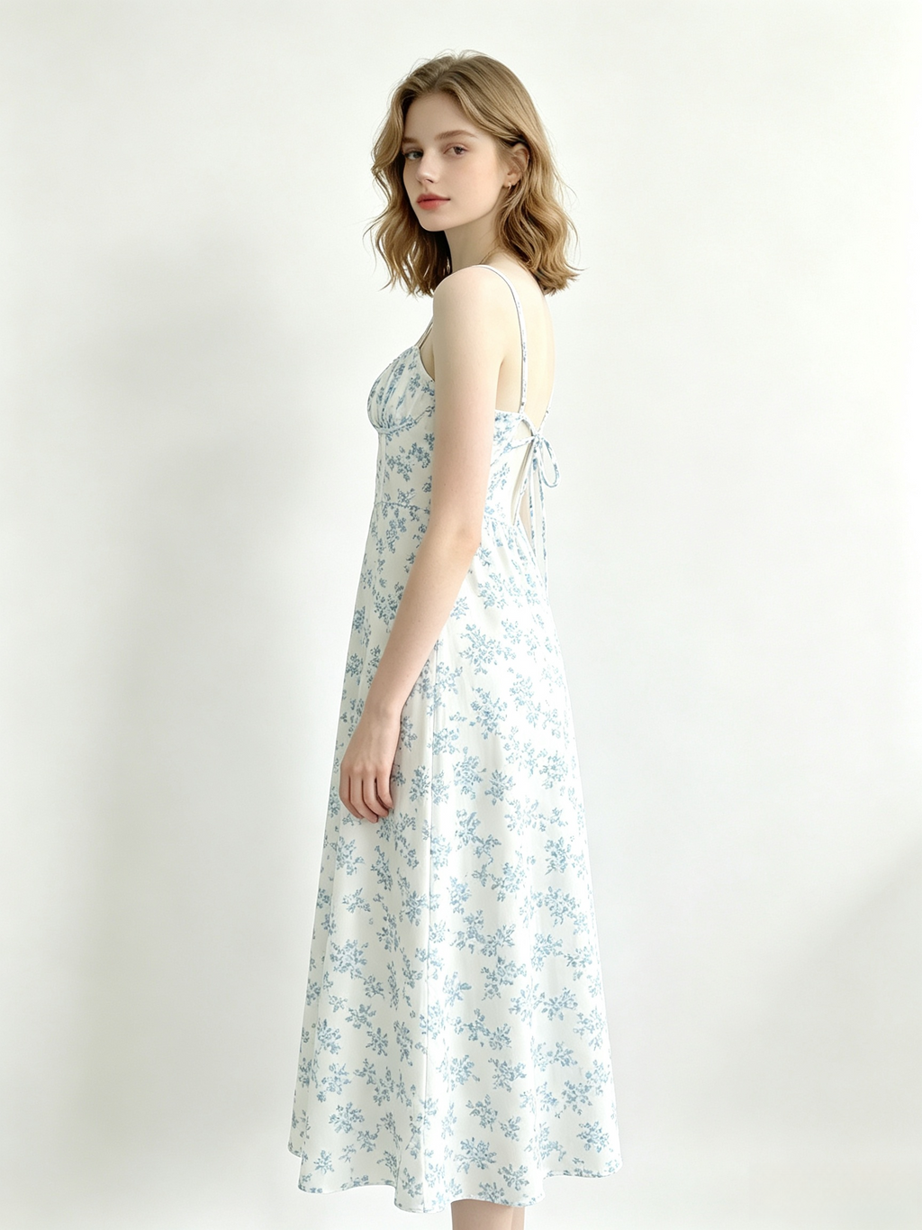 Blue Floral Corset Bust Tie Open Back Midi Cami Dress