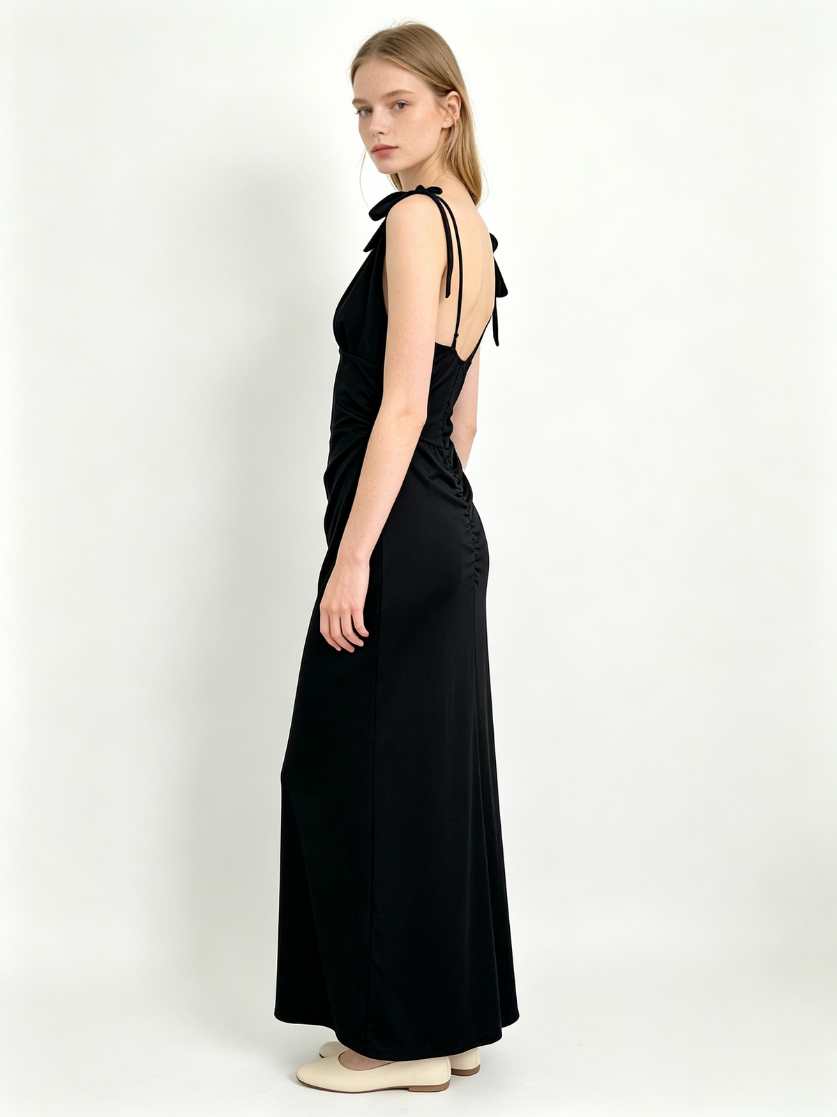 Black Self-Tie Strap Deep V Backless Ruched Maxi Dress