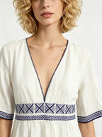 White Linen Ethnic Embroidery V-Neck 3/4 Sleeve Midi Dress