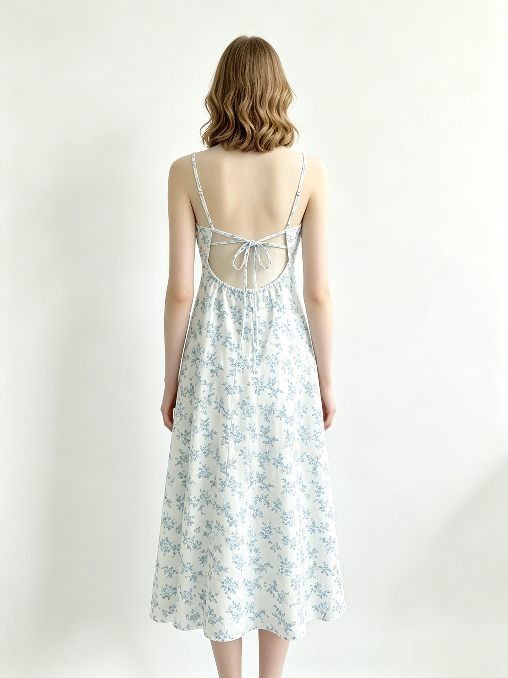 Blue Floral Corset Bust Tie Open Back Midi Cami Dress