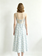 Blue Floral Corset Bust Tie Open Back Midi Cami Dress
