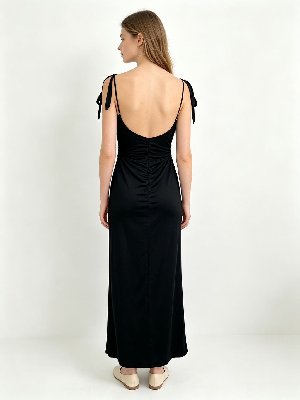Black Self-Tie Strap Deep V Backless Ruched Maxi Dress