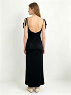 Black Self-Tie Strap Deep V Backless Ruched Maxi Dress