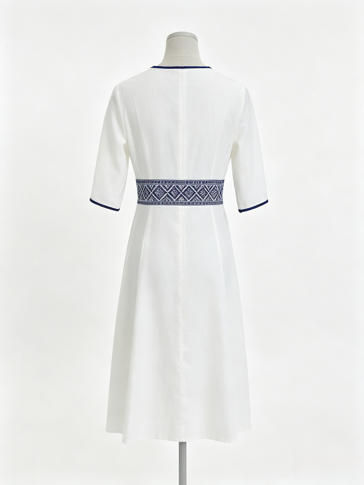 White Linen Ethnic Embroidery V-Neck 3/4 Sleeve Midi Dress