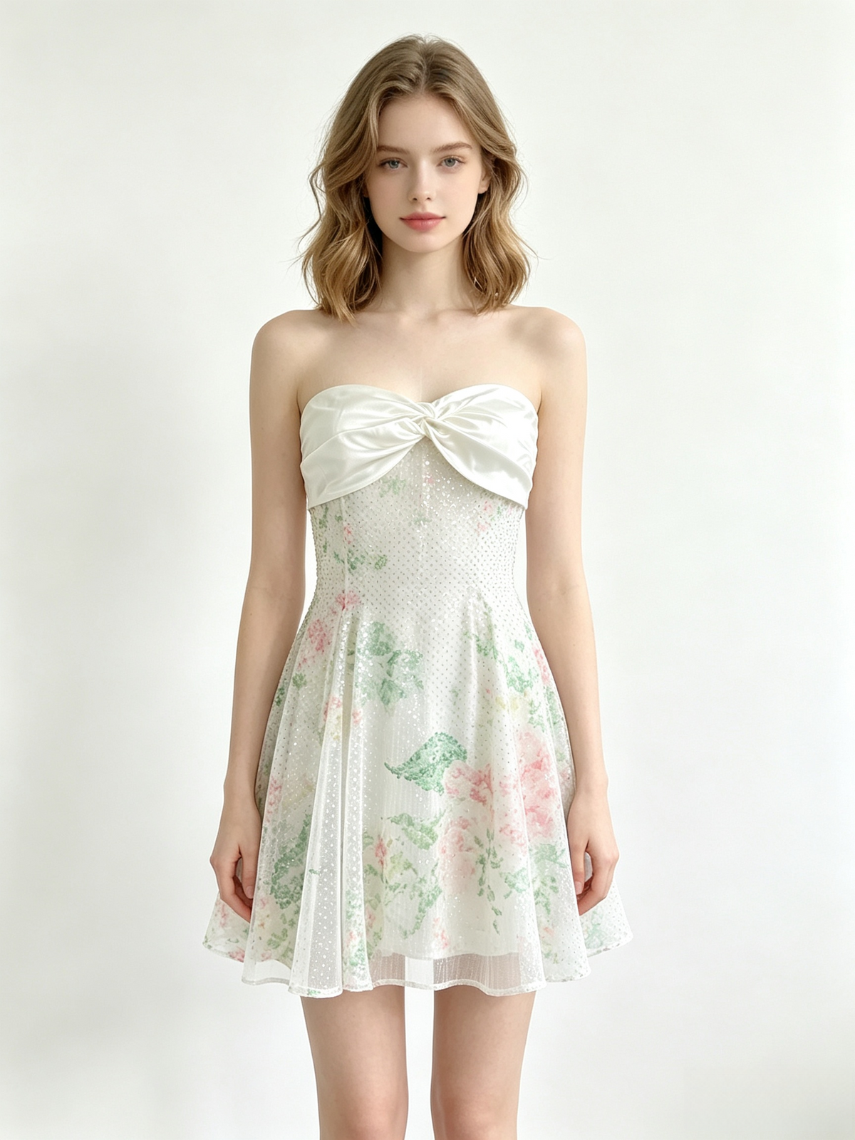 Lavender Floral Sequin Mesh Strapless Midi Skirt