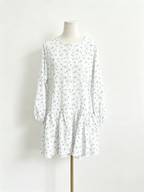 White Blue Floral Long Sleeve Ruffle Hem Mini Dress