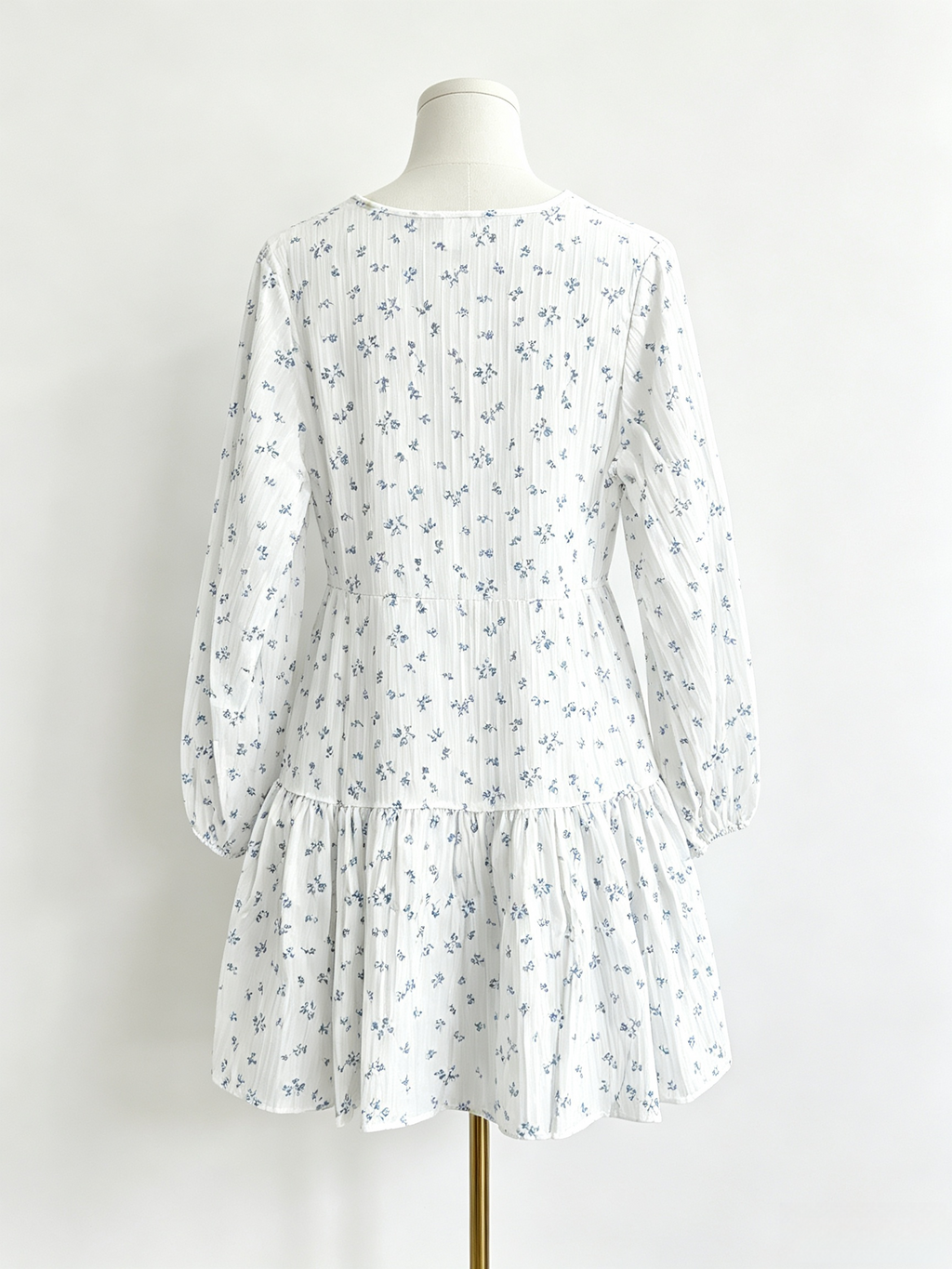 White Blue Floral Long Sleeve Ruffle Hem Mini Dress