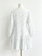 White Blue Floral Long Sleeve Ruffle Hem Mini Dress