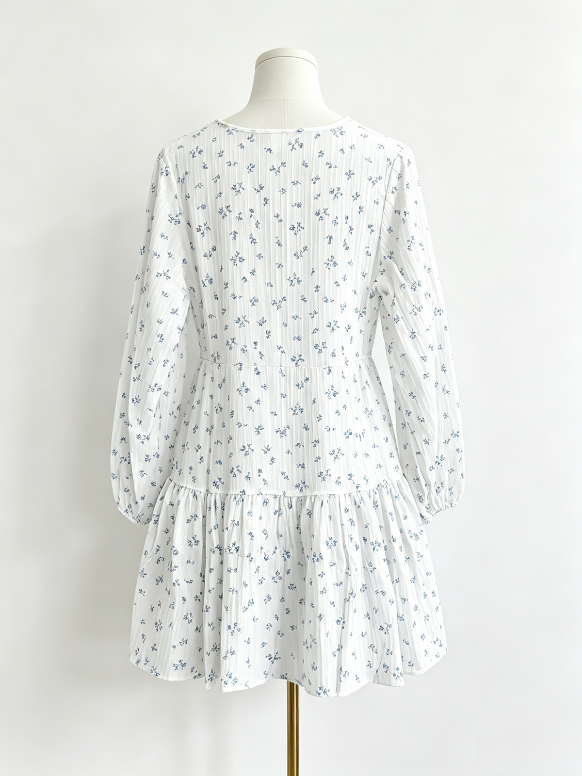 White Blue Floral Long Sleeve Ruffle Hem Mini Dress