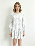 White Blue Floral Long Sleeve Ruffle Hem Mini Dress