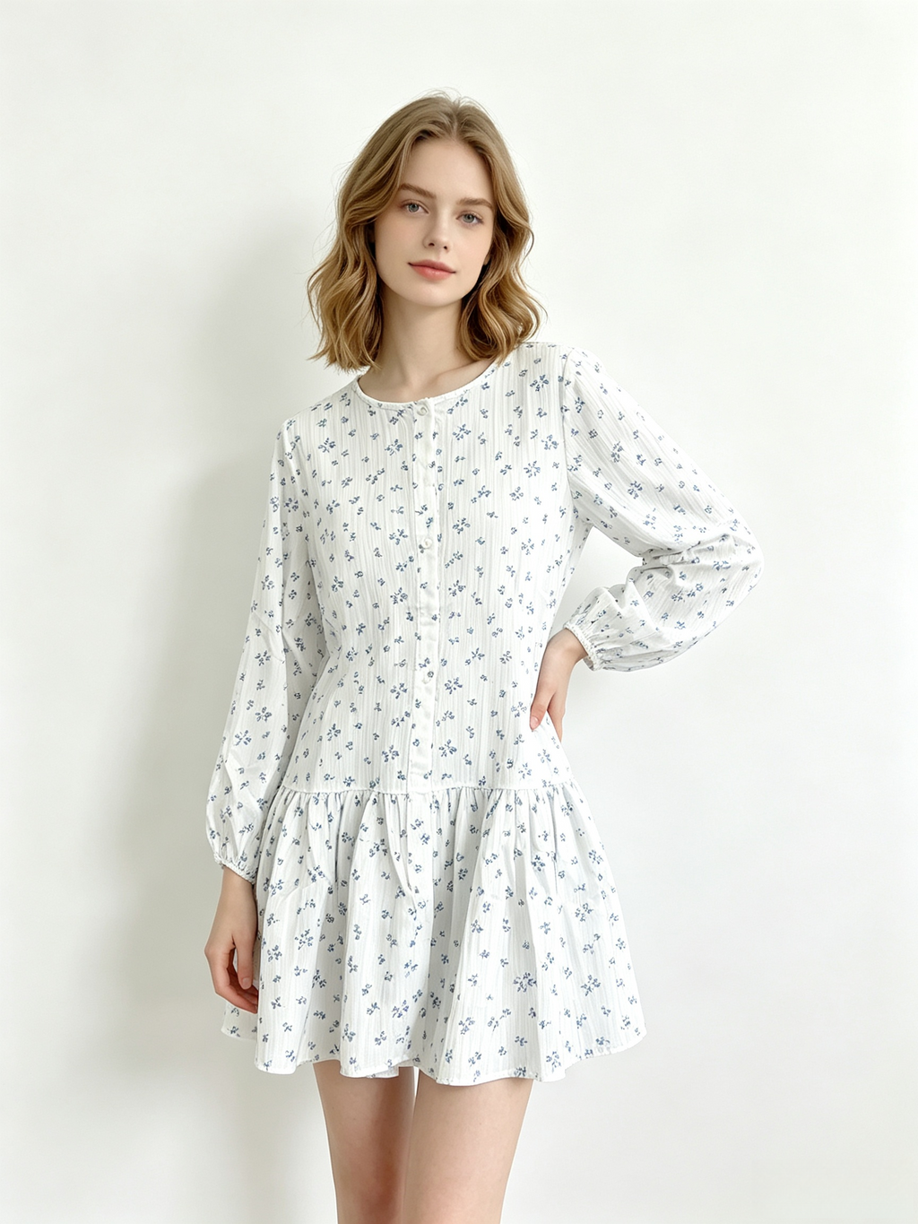 White Blue Floral Long Sleeve Ruffle Hem Mini Dress