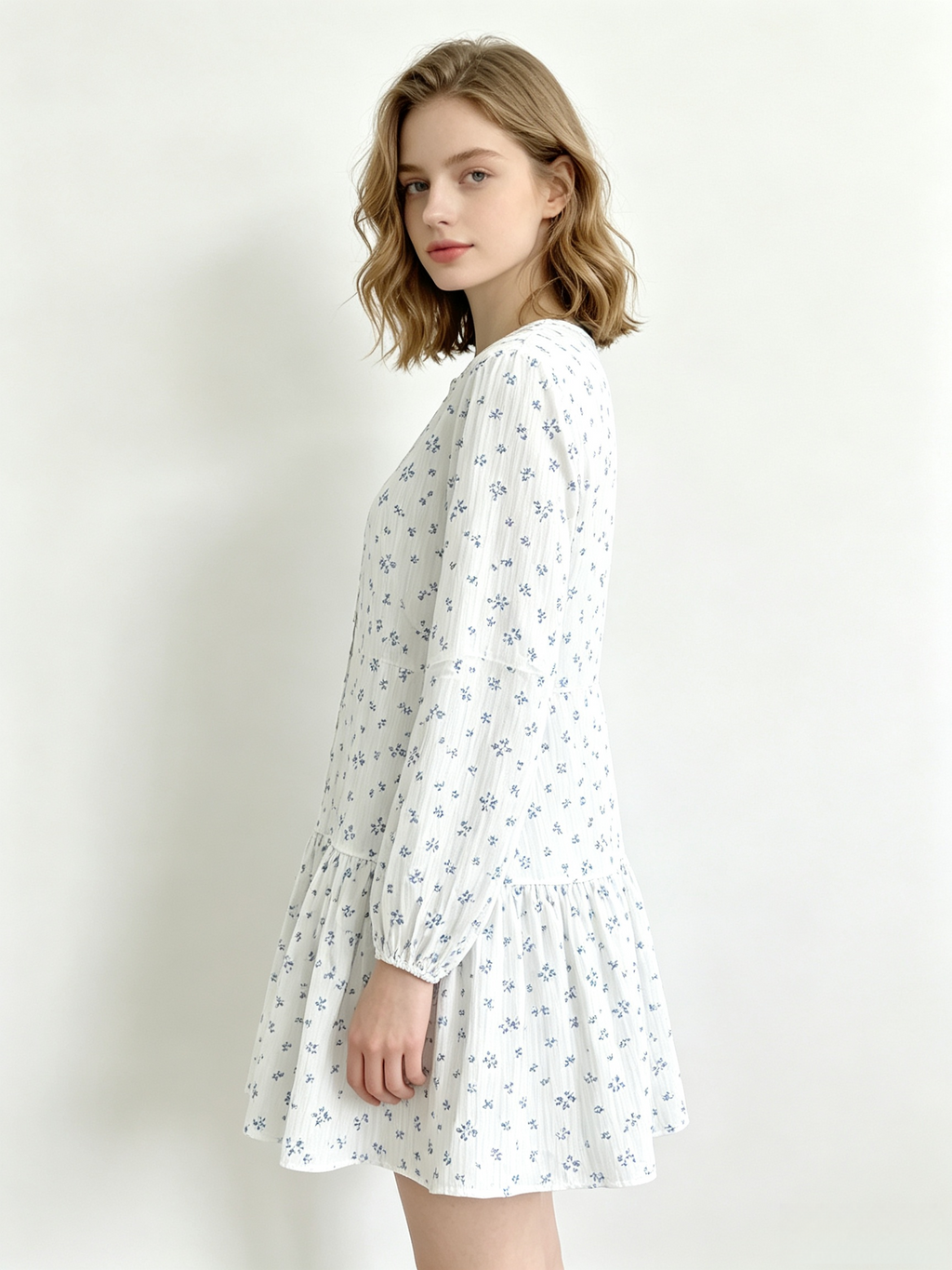 White Blue Floral Long Sleeve Ruffle Hem Mini Dress