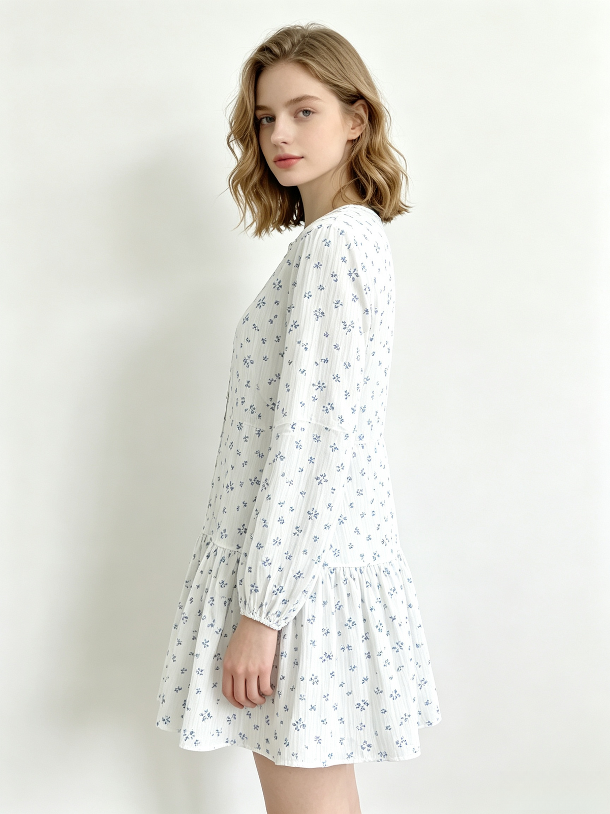 White Blue Floral Long Sleeve Ruffle Hem Mini Dress