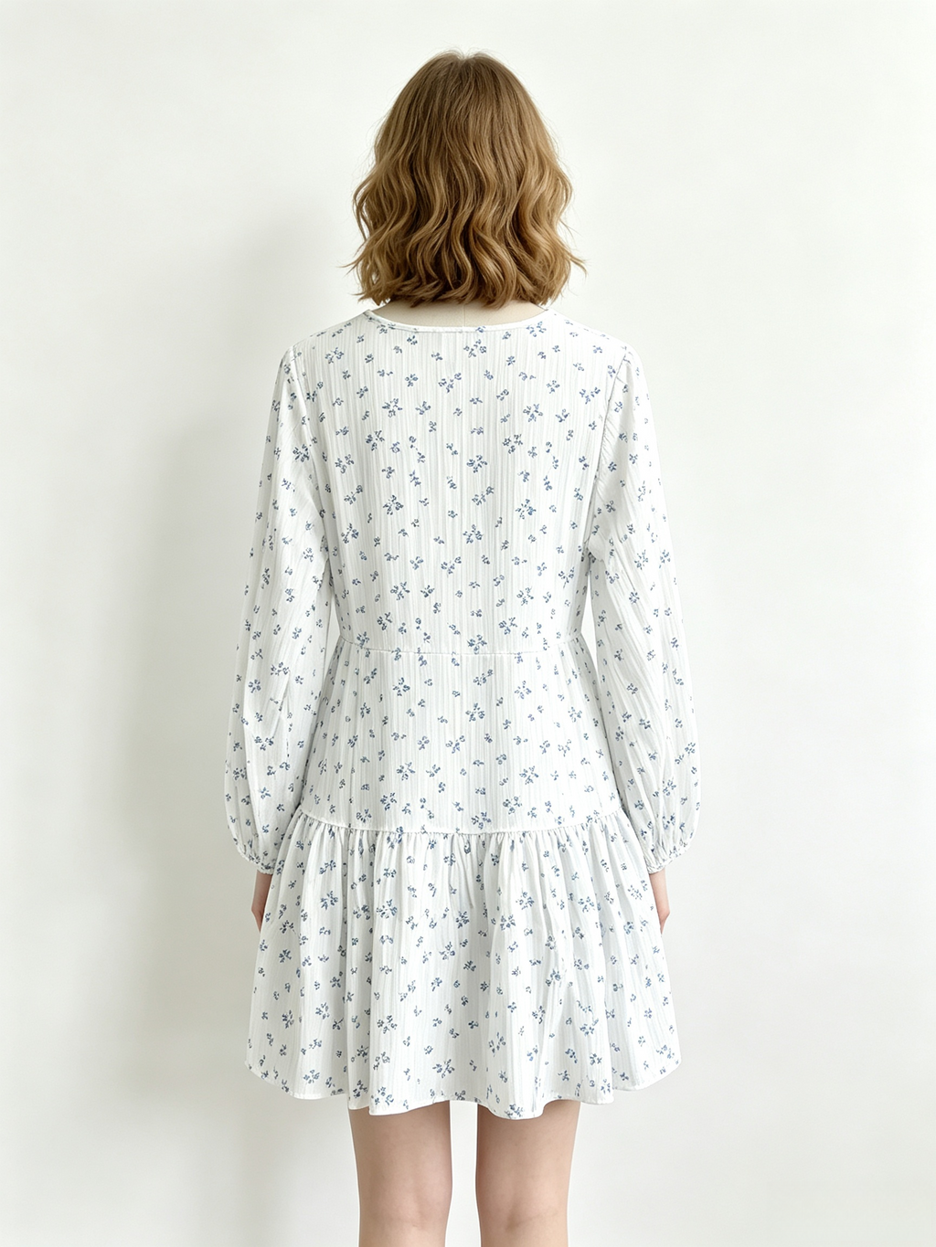 White Blue Floral Long Sleeve Ruffle Hem Mini Dress
