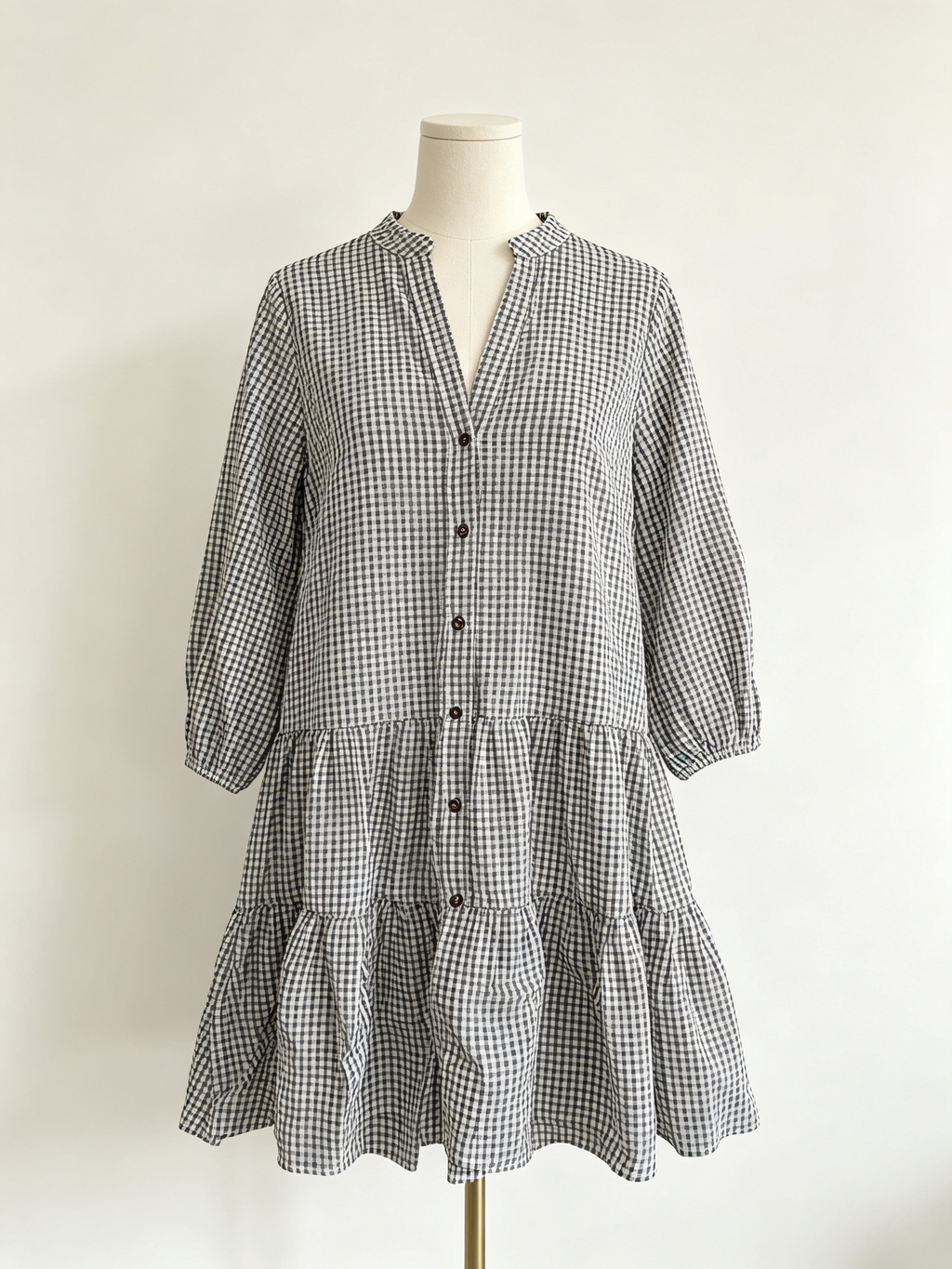 Black White Gingham V-Neck Tiered 3/4 Sleeve Mini Dress