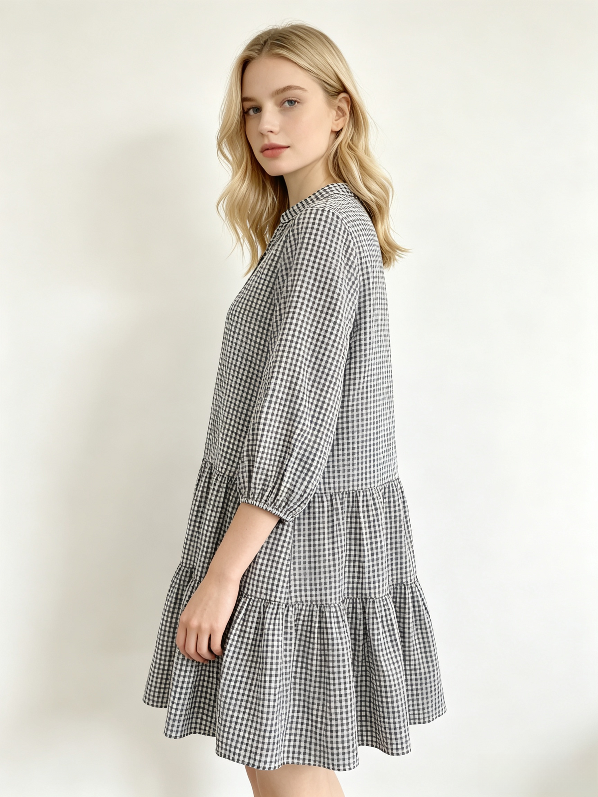 Black White Gingham V-Neck Tiered 3/4 Sleeve Mini Dress