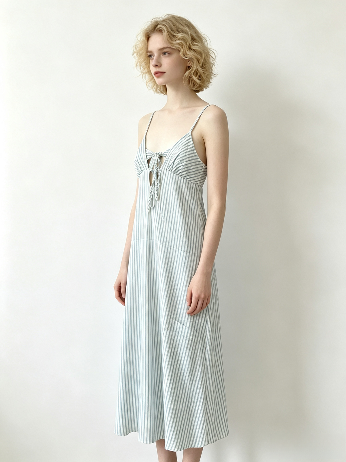 Blue White Stripe Spaghetti Strap Tie Cutout Midi Dress