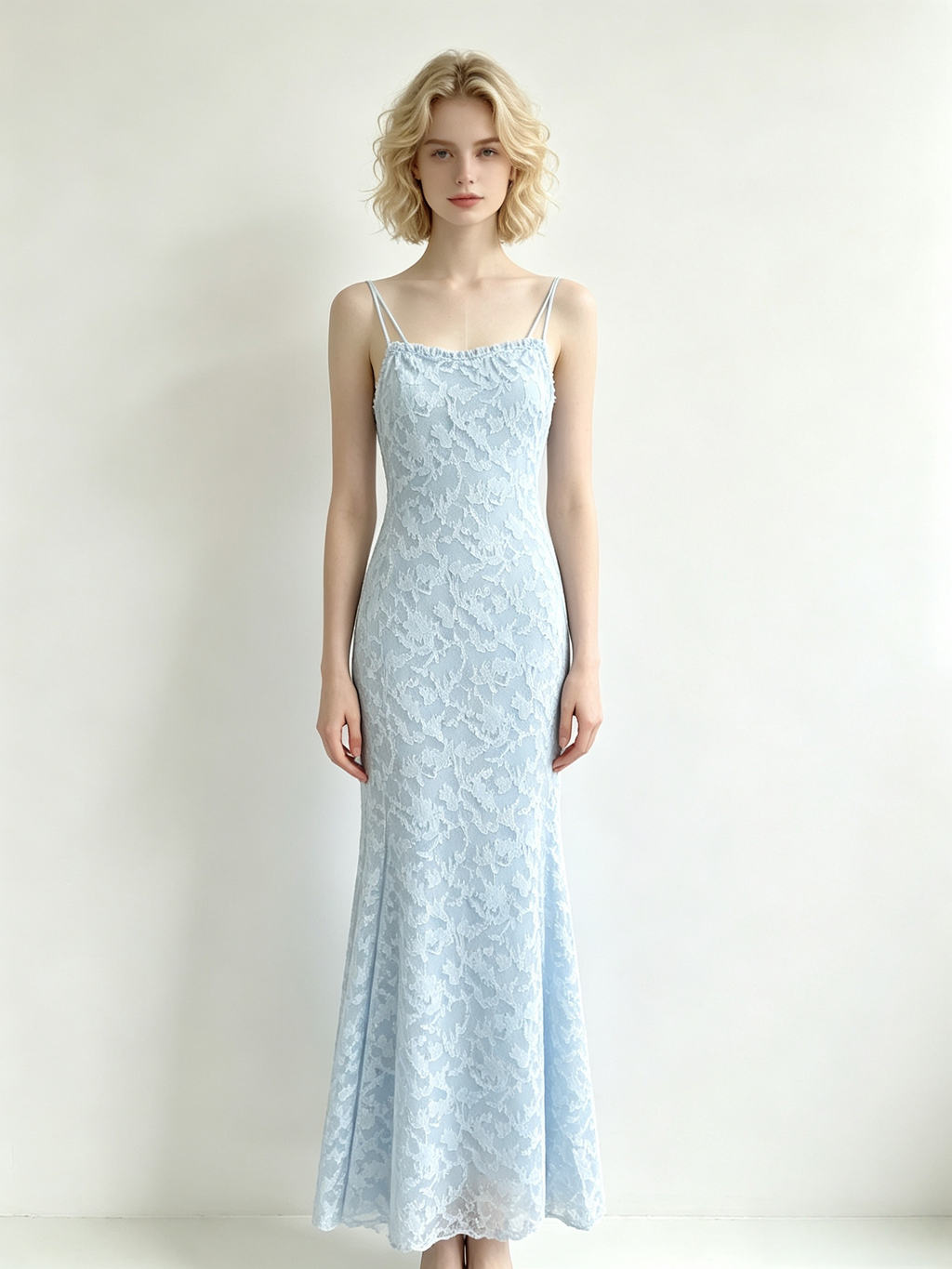 Light Blue Floral Lace One Shoulder Mermaid Maxi Dress
