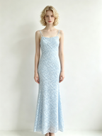 Light Blue Floral Lace One Shoulder Mermaid Maxi Dress