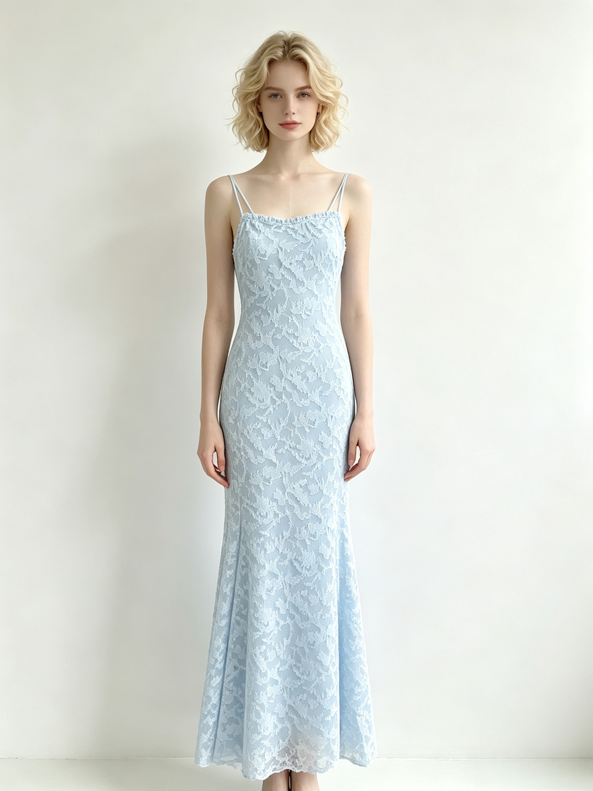 Light Blue Floral Lace One Shoulder Mermaid Maxi Dress