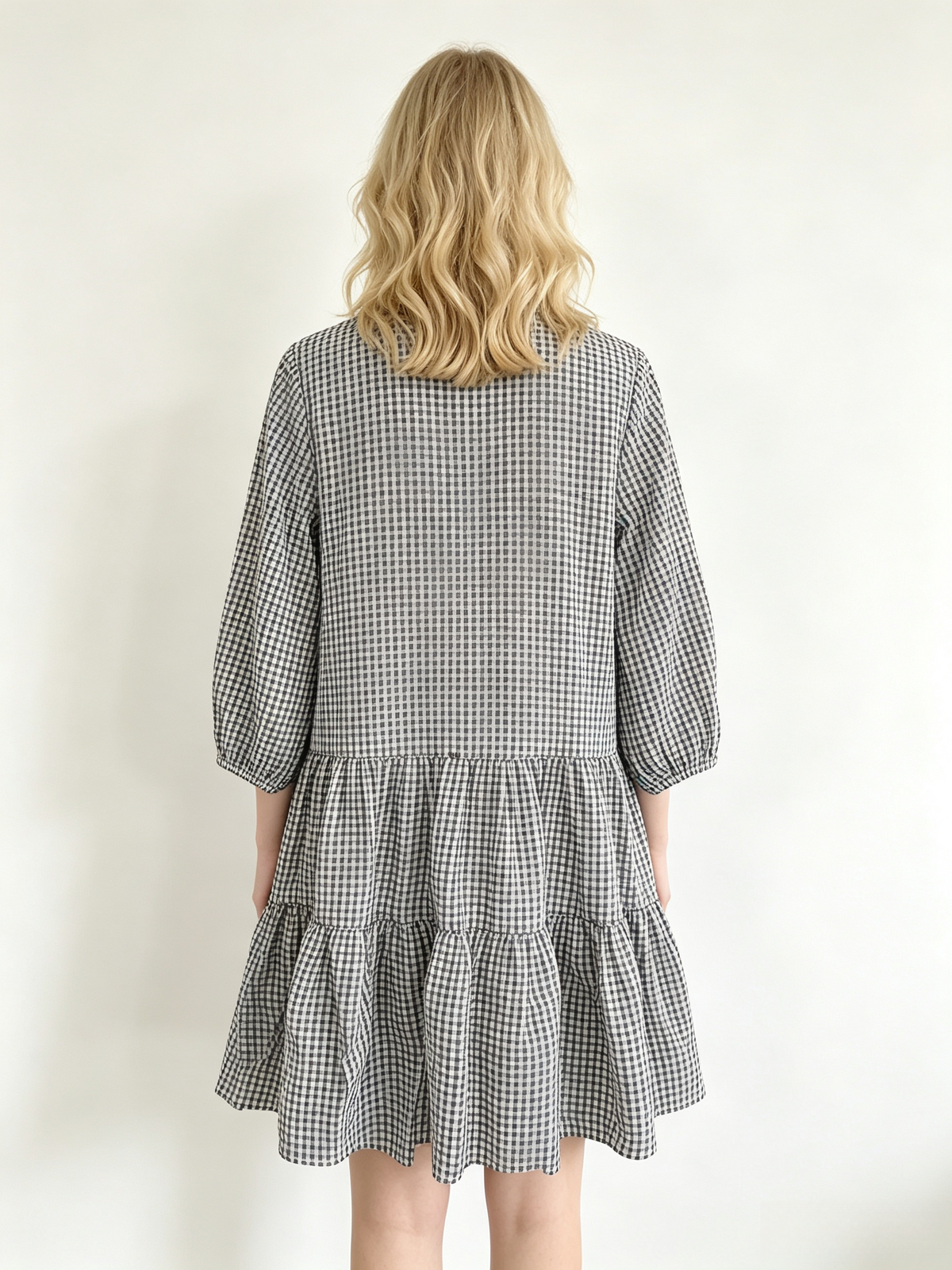 Black White Gingham V-Neck Tiered 3/4 Sleeve Mini Dress