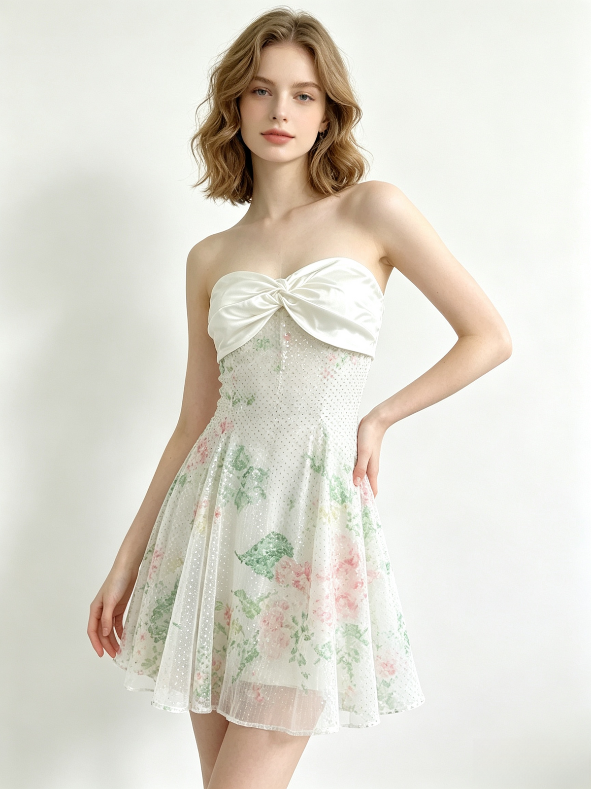 Lavender Floral Sequin Mesh Strapless Midi Skirt