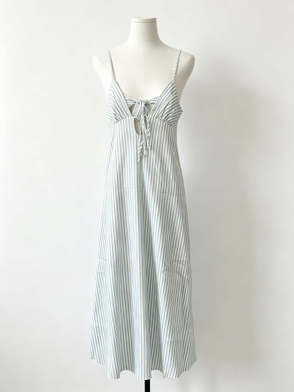 Blue White Stripe Spaghetti Strap Tie Cutout Midi Dress