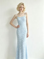 Light Blue Floral Lace One Shoulder Mermaid Maxi Dress