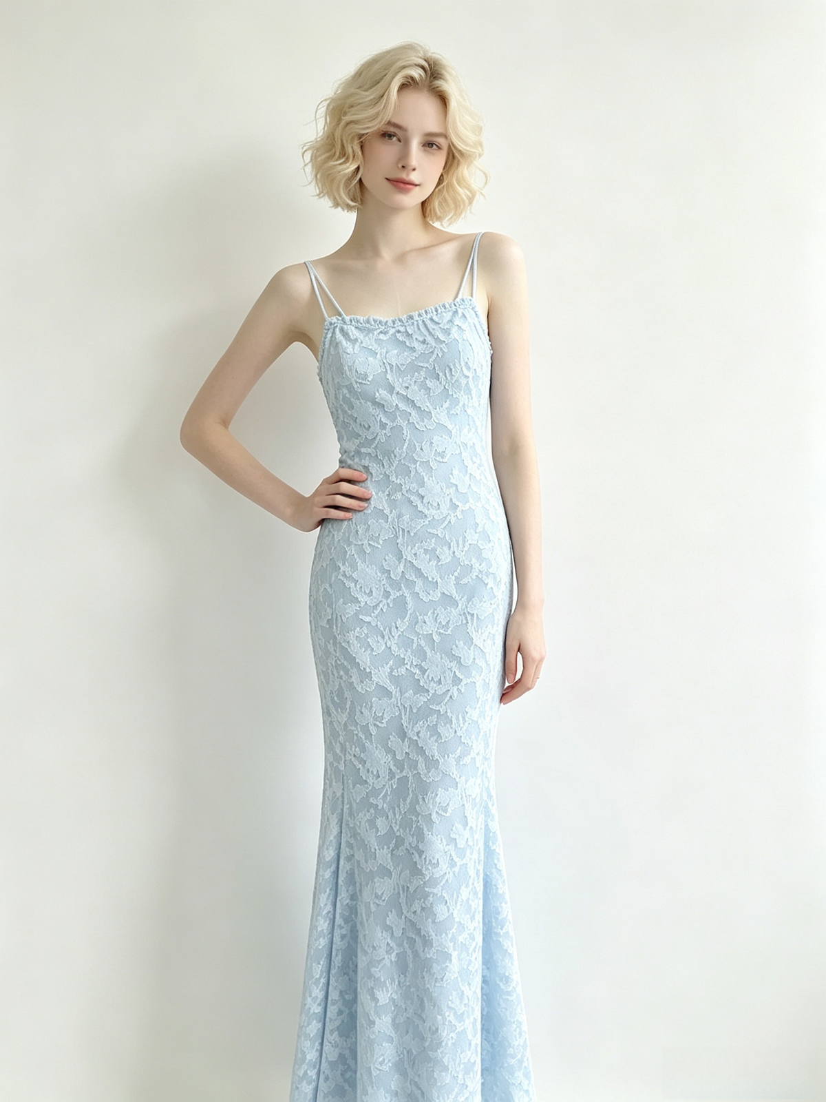 Light Blue Floral Lace One Shoulder Mermaid Maxi Dress
