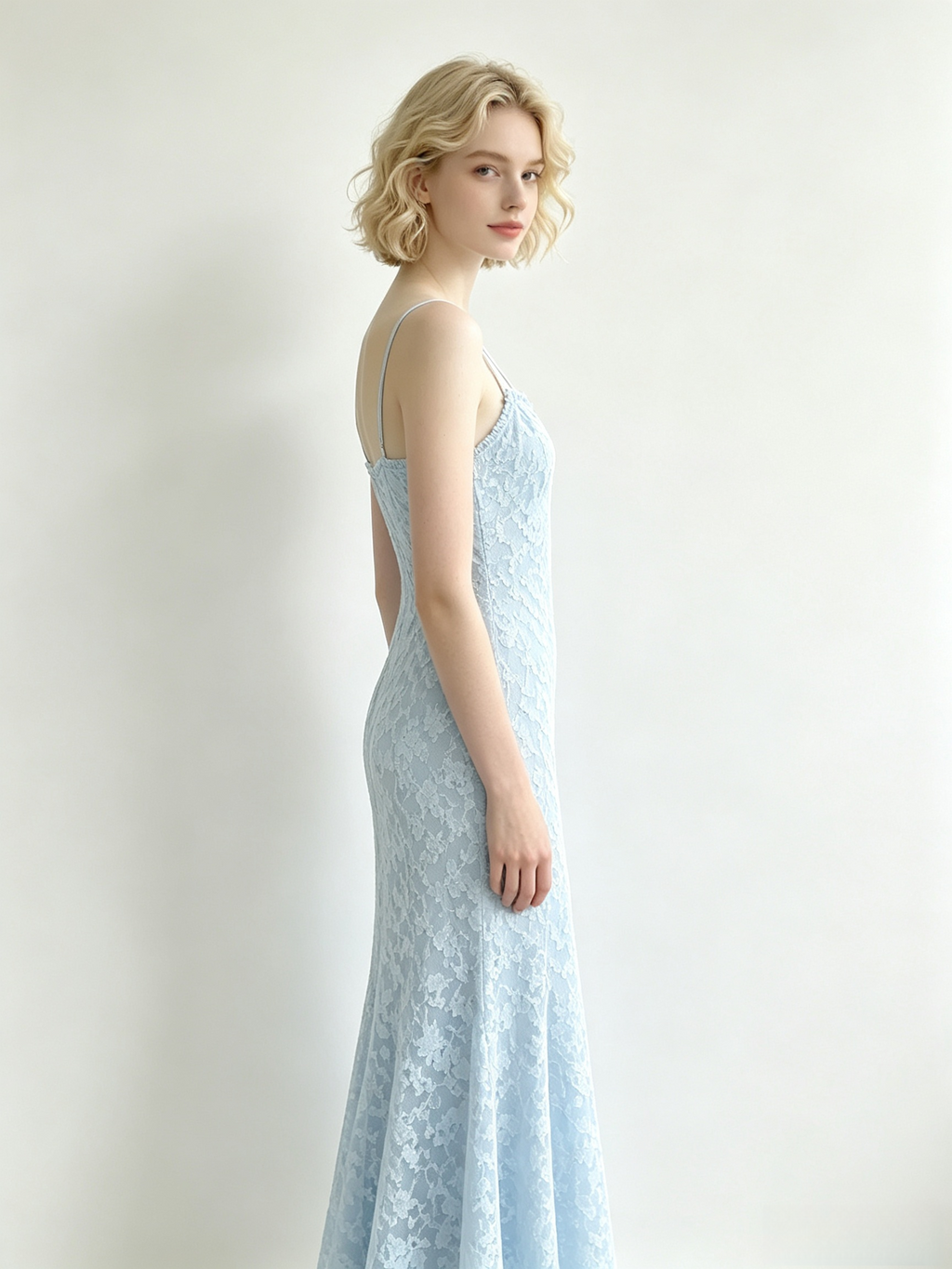 Light Blue Floral Lace One Shoulder Mermaid Maxi Dress