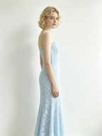 Light Blue Floral Lace One Shoulder Mermaid Maxi Dress
