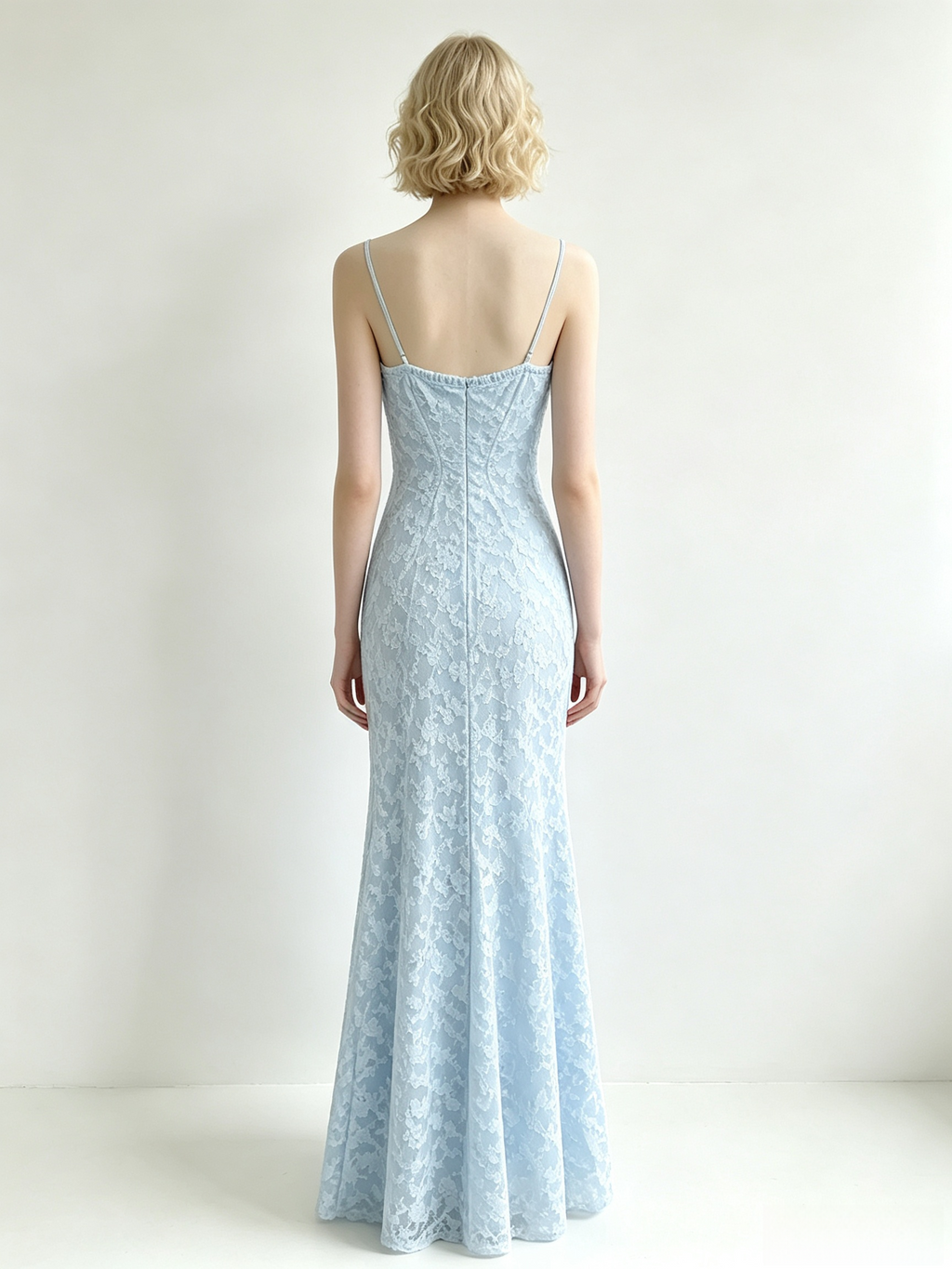Light Blue Floral Lace One Shoulder Mermaid Maxi Dress