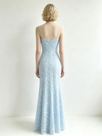 Light Blue Floral Lace One Shoulder Mermaid Maxi Dress