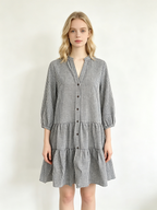 Black White Gingham V-Neck Tiered 3/4 Sleeve Mini Dress