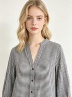 Black White Gingham V-Neck Tiered 3/4 Sleeve Mini Dress