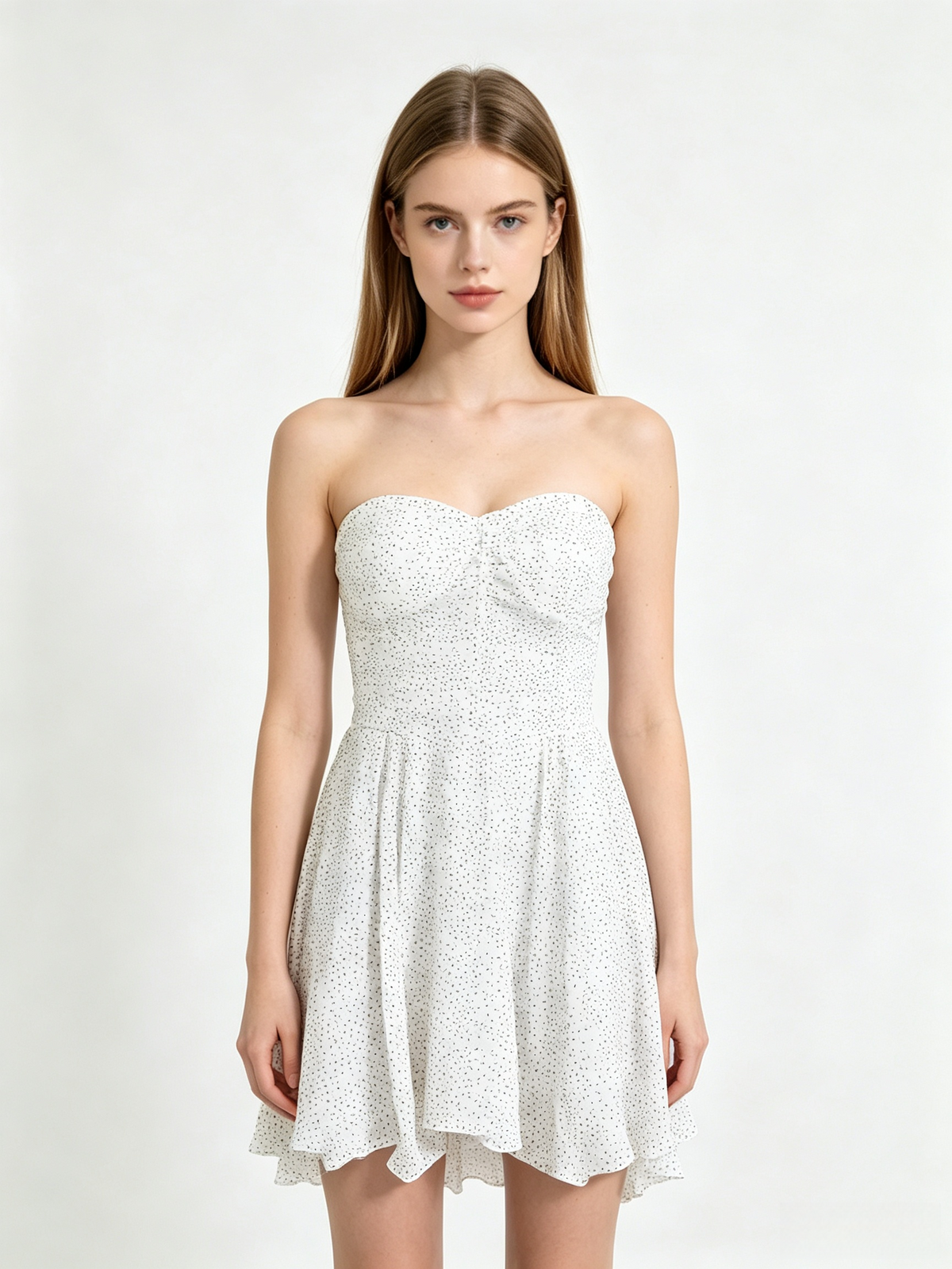 White Polka Dot Strapless Sweetheart Flared Mini Dress