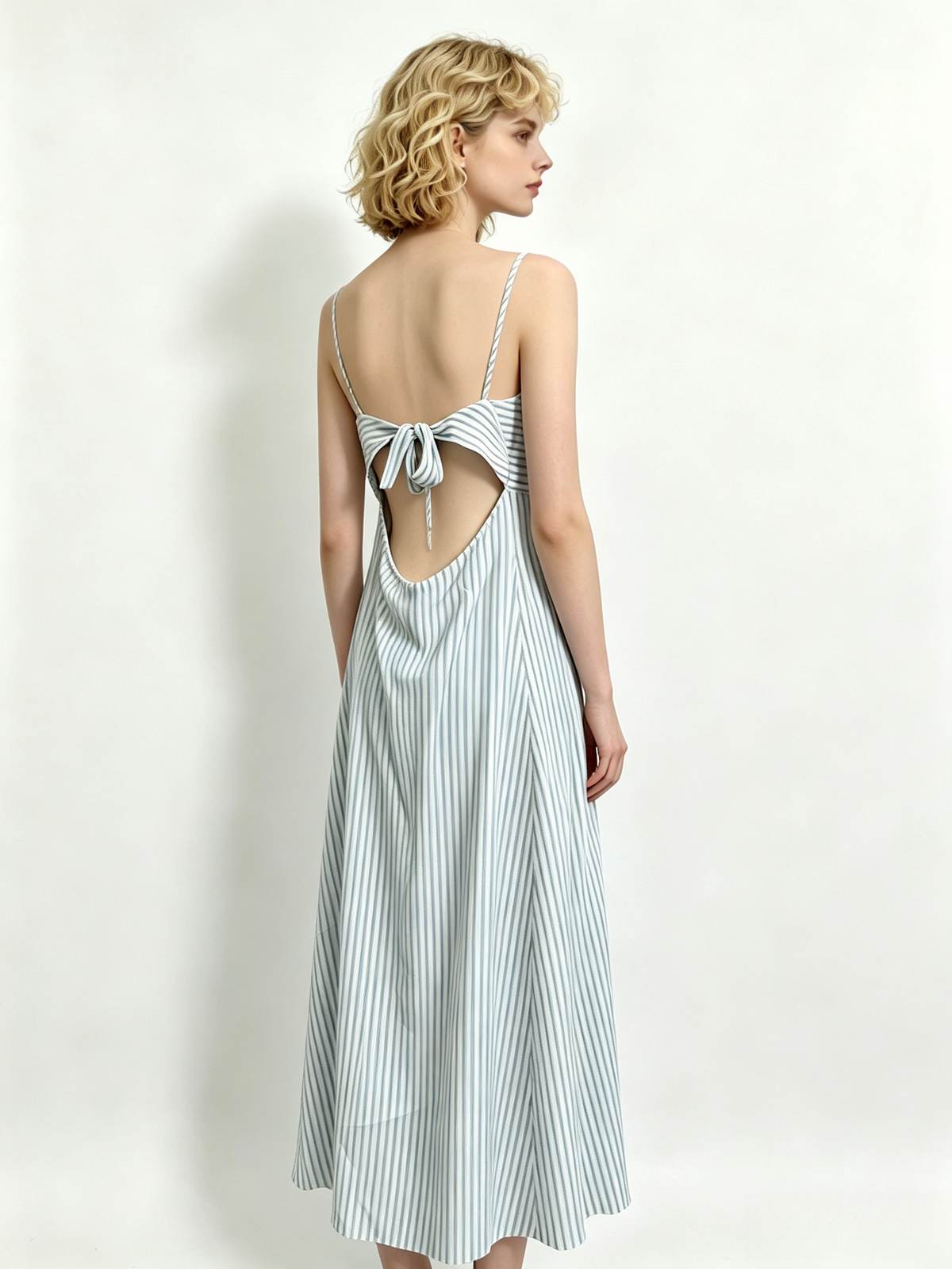 Blue White Stripe Spaghetti Strap Tie Cutout Midi Dress