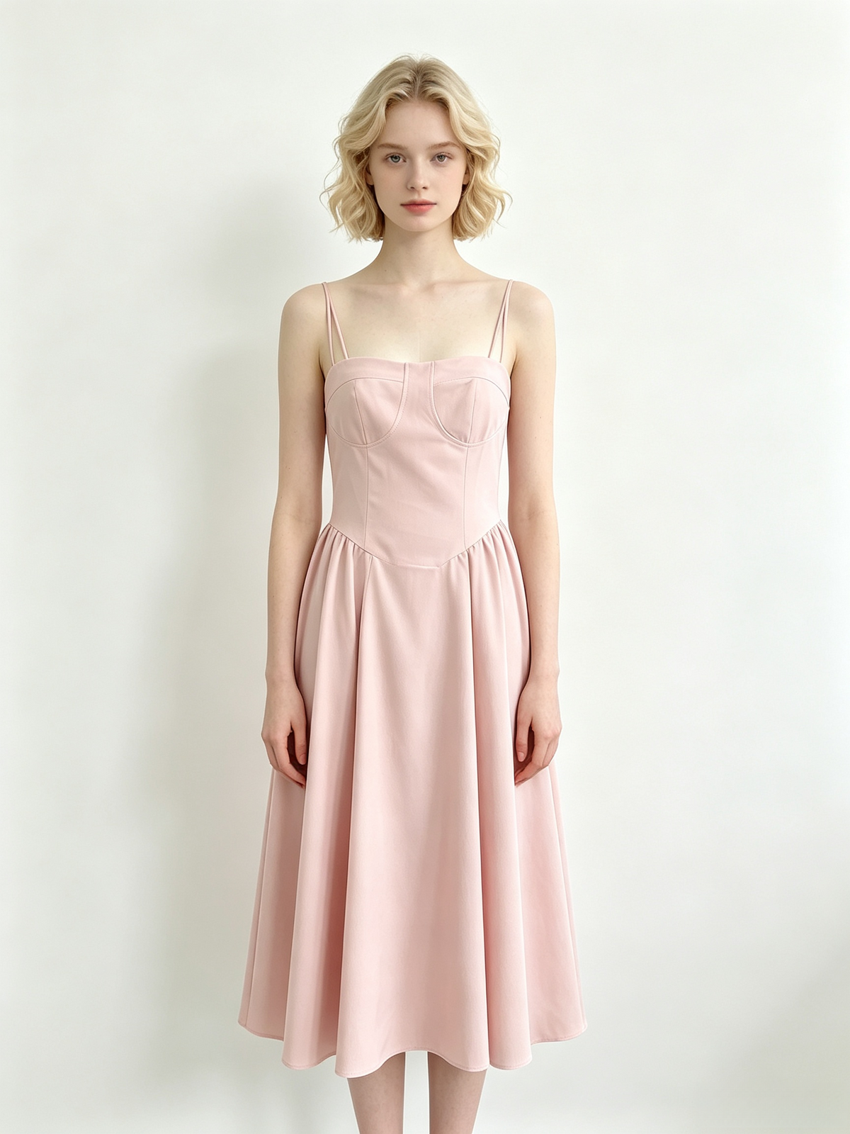 Pink Bustier Spaghetti Strap Flared Midi Dress