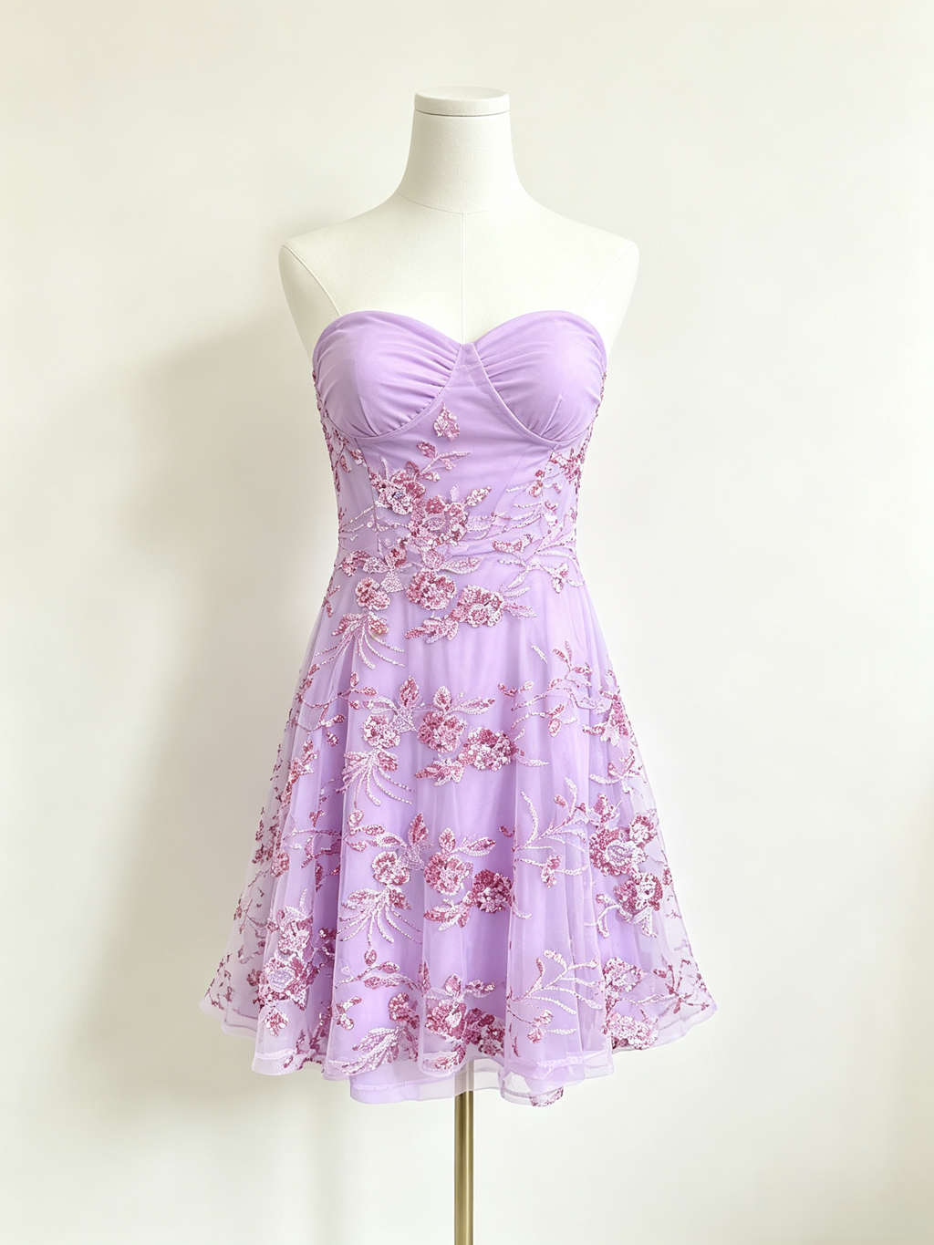 Lavender Floral Sequin Mesh Strapless Midi Skirt