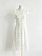 White Floral Lace V-Neck Short Sleeve Midi Dress