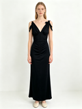 Black Self-Tie Strap Deep V Backless Ruched Maxi Dress
