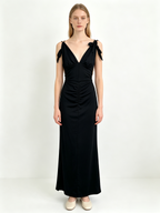 Black Self-Tie Strap Deep V Backless Ruched Maxi Dress